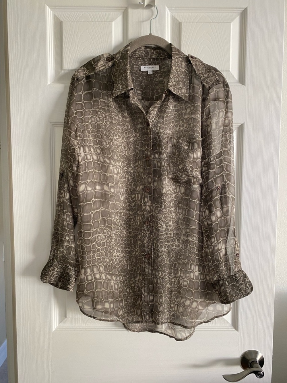 Equipment Taupe and Cream Animal Print Silk Blouse
